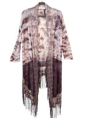 XCVI Embroidered Open Front Duster Cardigan L Purple Tie-Dye Mesh Fringe Boho